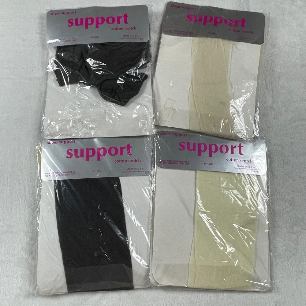 Lot of 4 Vintage Sheer Support Pantyhose Med/Tall Off Black Bone Cotton Crotch